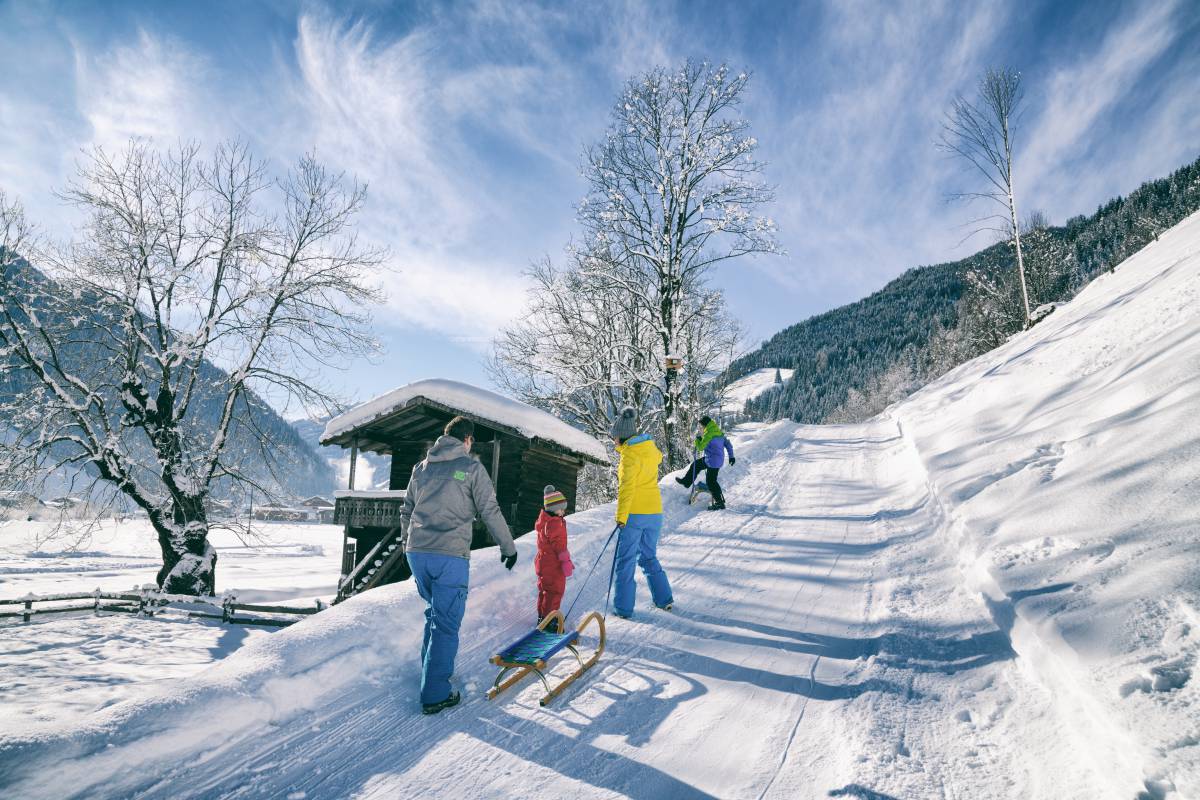 Familie läuft mit Schlitten im Schnee